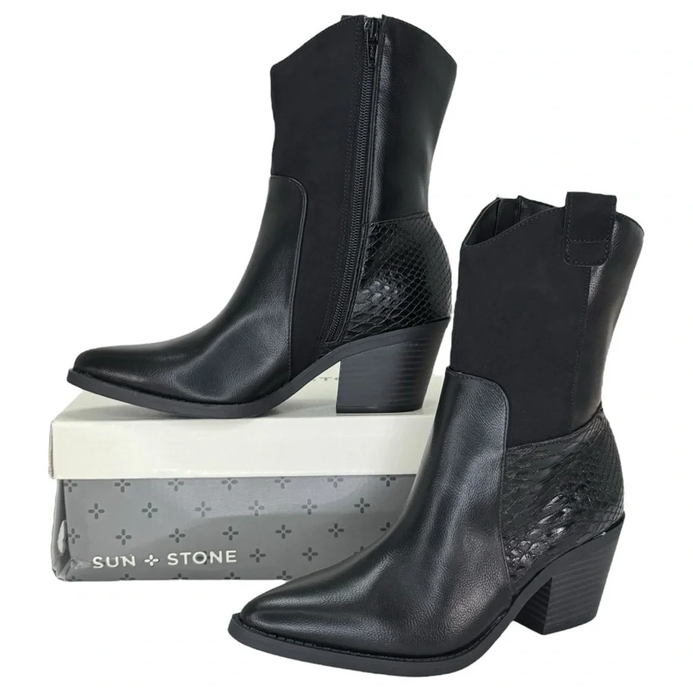 Sun + Stone Biancaa Black Faux Leather Western Womens Ankle Boots Size 6M - Picture 2 of 13